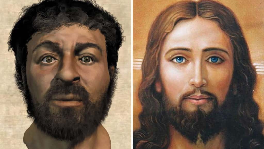 اليسوع مثلما تصوره أحد الكتب الحديثة بجانب صورته الشائعة