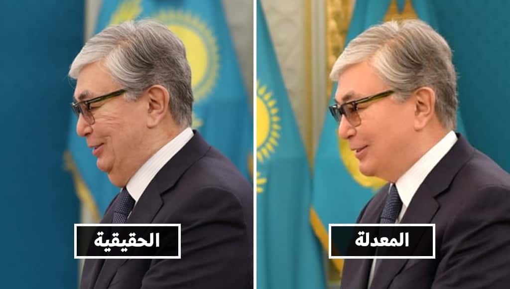 الرئيس قاسم جومارت توكاييف في صورة طبيعية له وأخرى معدلة.