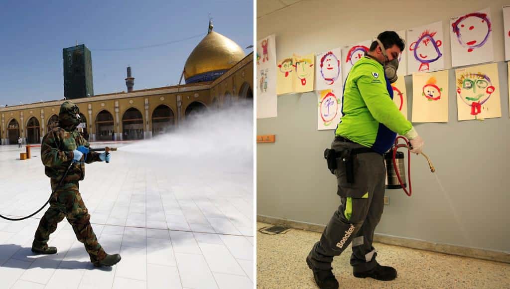مجموعة صور تظهر كيف يقوم الناس حول العالم بتطهير وتعقيم المدارس، والمساجد، والشوارع من أجل وقف انتشار فيروس كورونا