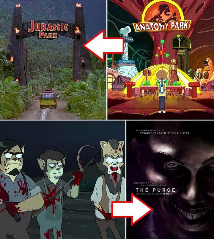 Anatomy Park هو مؤشر واضح على Jurassic Park، وLook Who’s Purging Now هو محاكاة ساخرة لفيلم The Purge.