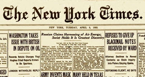 عدد من صحيفة النيويورك تايمز الذي نشر في الثالث من أبريل سنة 1923
