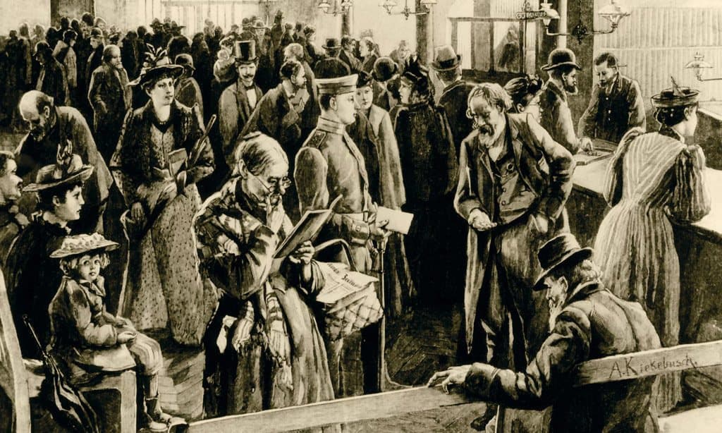 بهو أحد البنوك التوفيرية الألمانية؛ لوحة للرسام (ألبرت كيكبوش) سنة 1894