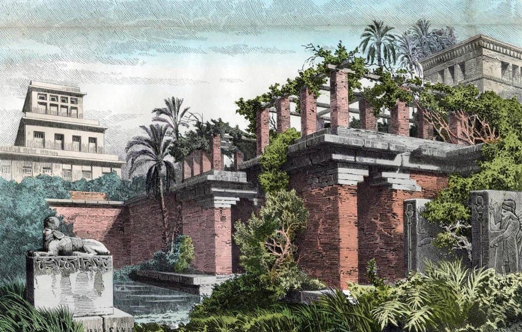 صورة مرسومة لحدائق بابل المعلقة من إبداع (فرديناند كناب) في سنة 1886.