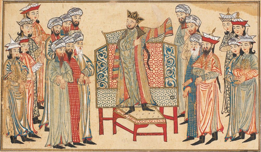 محمود سبکتگین يستلم ثوب الشرف من الخليفة العباسي القادر بالله تقديرًا لجهوده سنة 1000. لوحة توضيحية تعود إلى القرن الرابع عشر من كتاب جامع التواريخ لرشيد الدين الهمذاني (ويكيميديا)