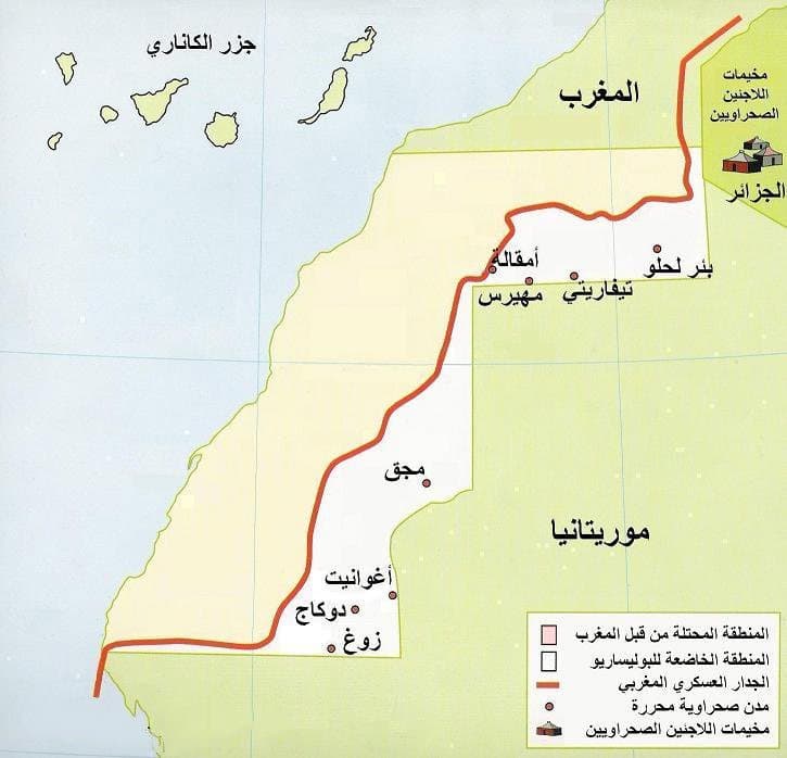 خريطة الصحراء الغربية: يظهر الجدار المغربي الفاصل باللون الأحمر.