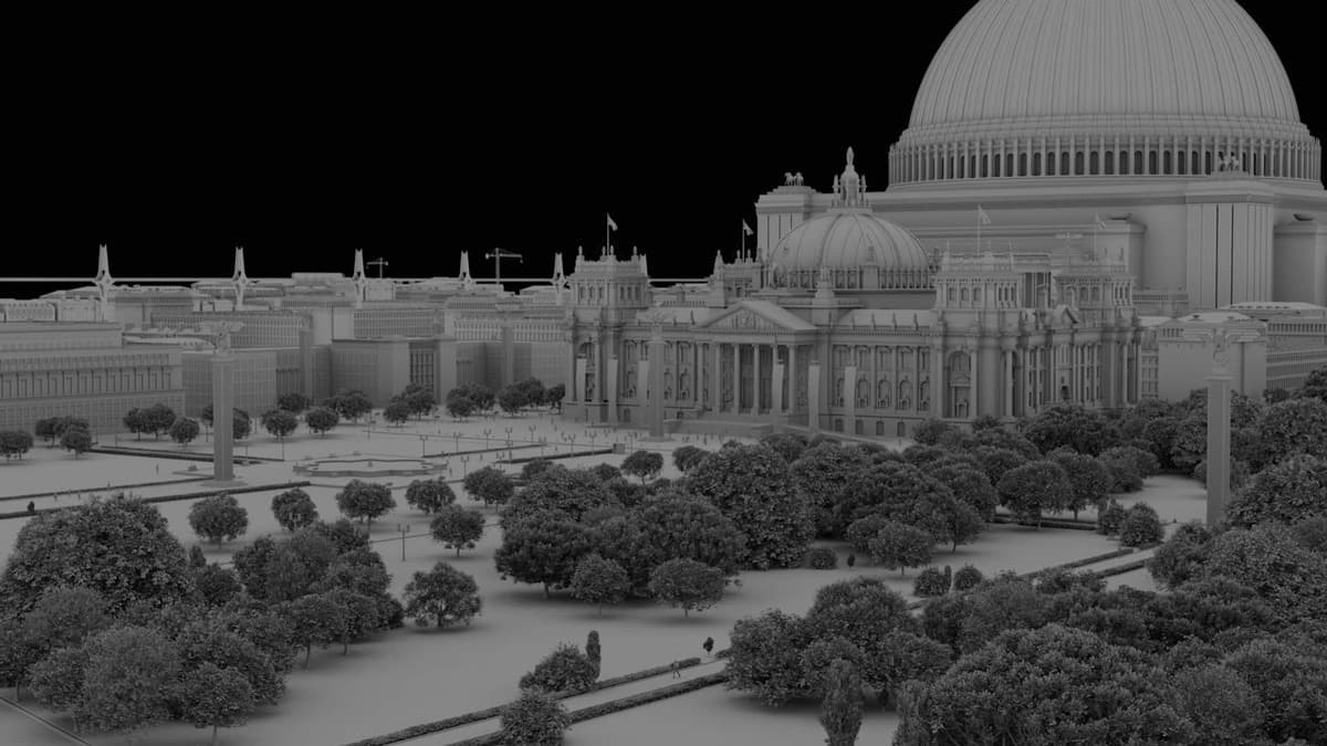 نموذج 3d عن «قاعة الشعب» والأماكن المحيطة بها. 