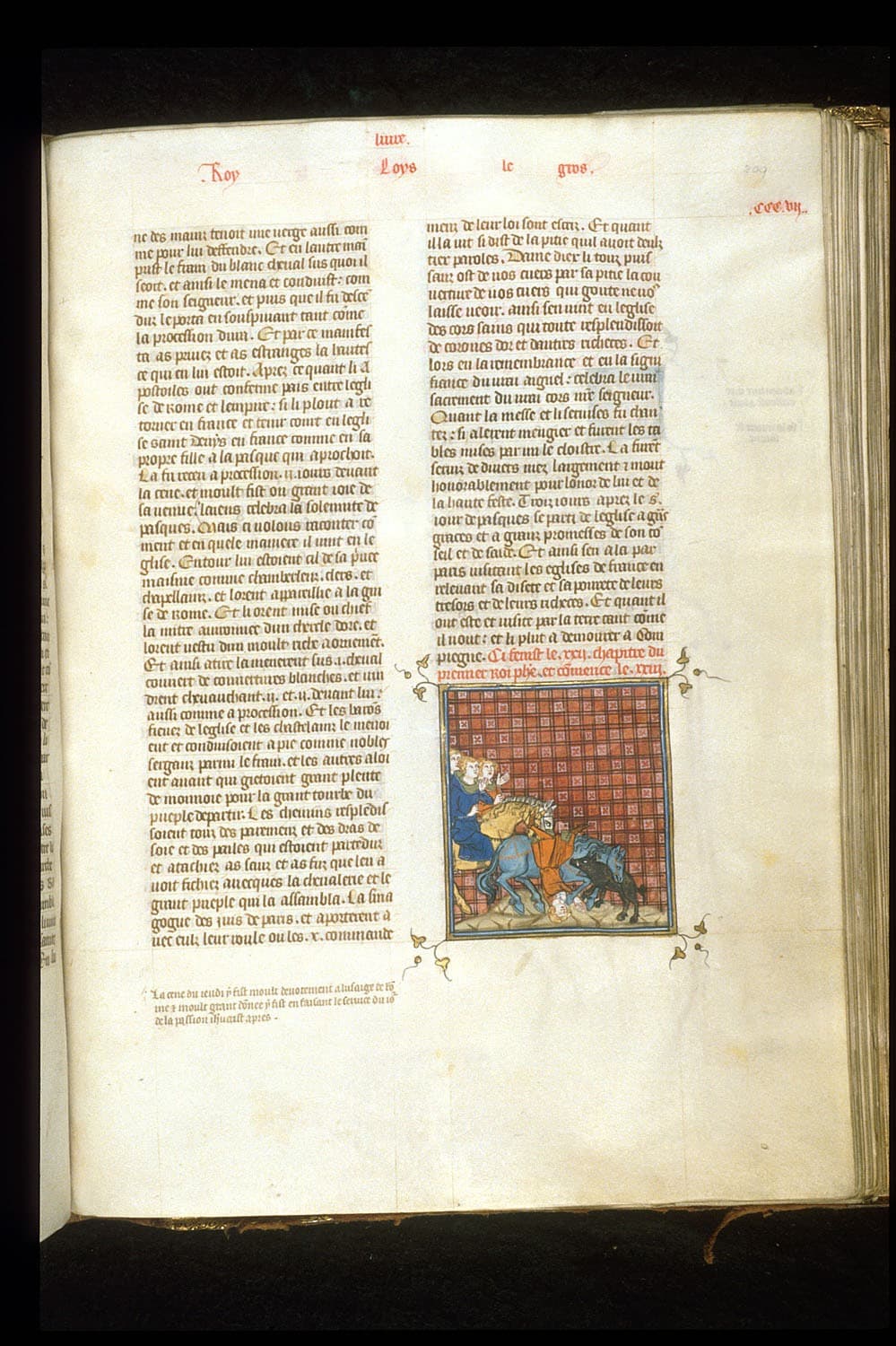 عمل فني قديم يبرز لحظة وقوع الملك الفرنسي الشاب (فيليب المراهق) من على صهوة حصانه. صورة: The British Library