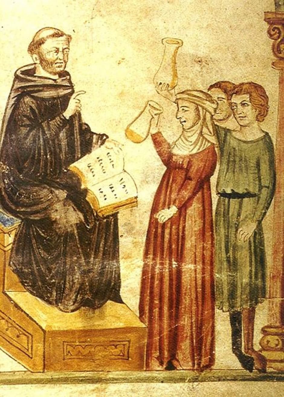 المعالج (كونستانتين الإفريقي) من القرن الحادي عشر يفحص بول أحد المرضى.