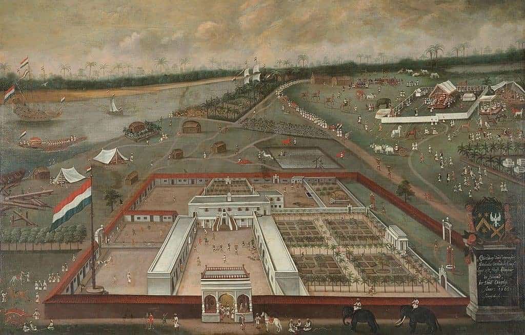 مستوطنة هولندية محصنة ومركز تجاري على نهر الغانج في البنغال أواخر القرن السابع عشر. ويكيميديا
