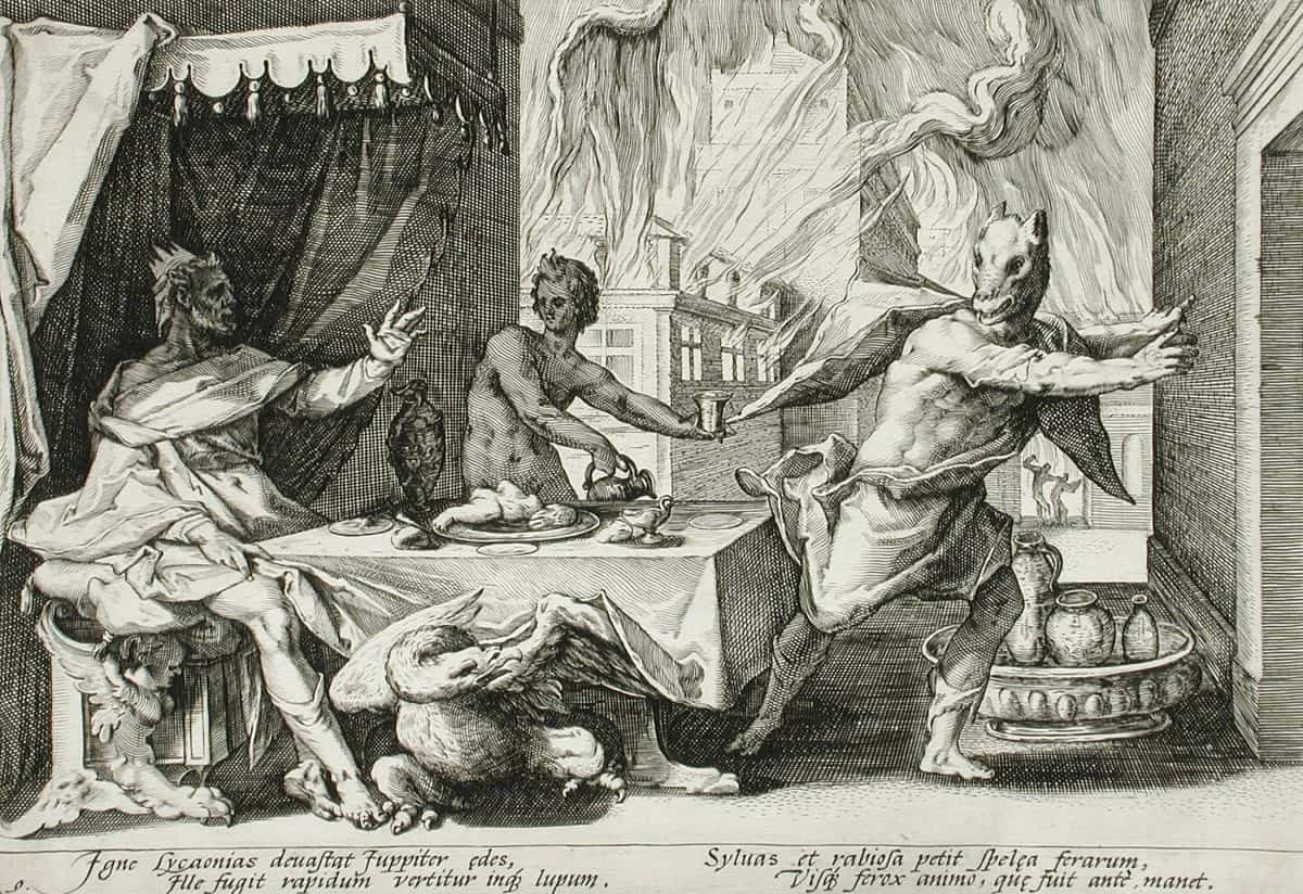(ليكايون) يتحول لذئب بفعل غضب زيوس. صورة: Henrik Goltzius/Public Domain