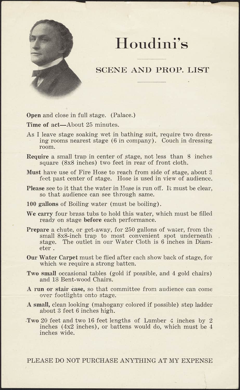 قائمة مطالب هوديني المسرحية. صورة: Boston Public Library/Flickr