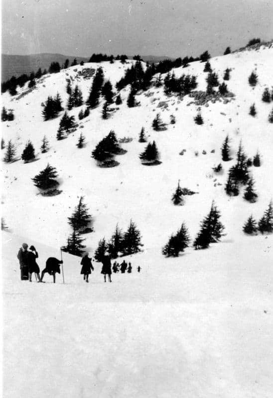 قمة جبل الباروك الثلجية في جبال الشوف بلبنان عام 1929. من أرشيف المدرسة العبرية الواقعية في حيفا، مجموعة بيتمونة.