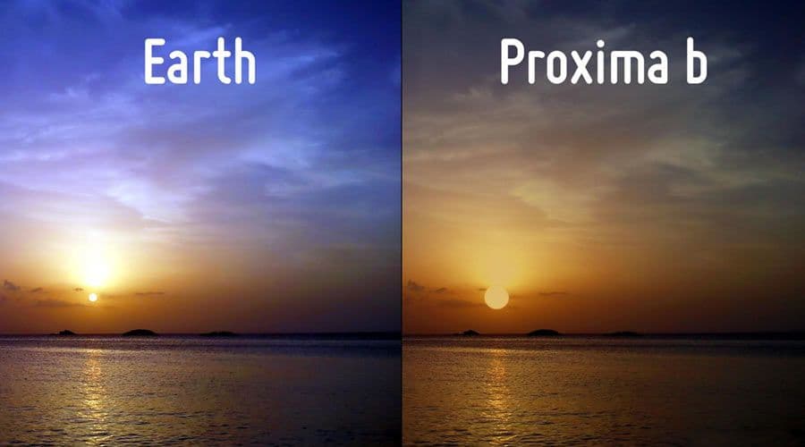 محاكاة تصورية تقارن غروب الشمس على كوكب الأرض و نظيره Proxima b