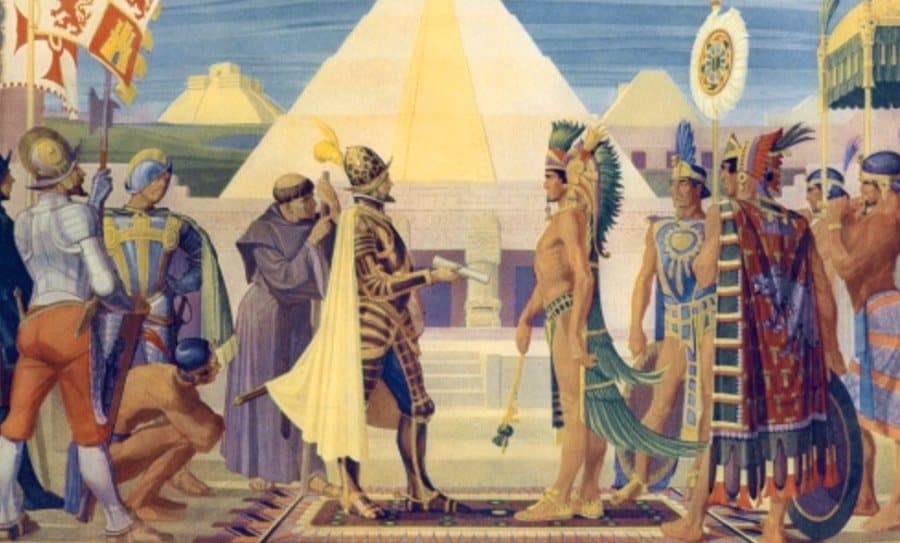 الإمبراطور (مونتيزوما الثاني) مع المستكشفين الإسبان.