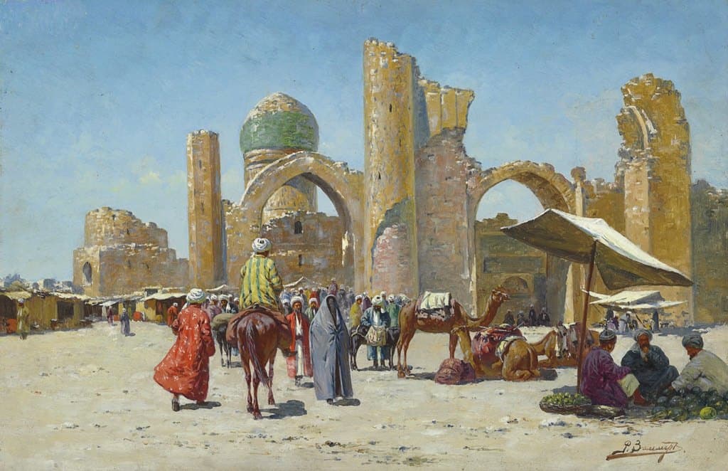 لوحة رسمت لمسجد (بيبي-خانيم) في أواخر القرن التاسع عشر أو أوائل القرن العشرين للفنان (ريتشارد كارل كارلوفيتش زومر)