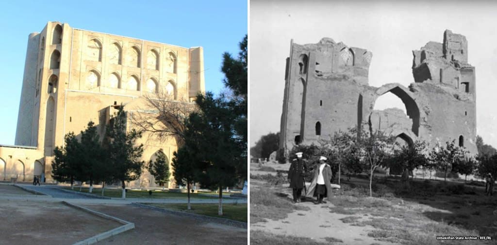 مجمع أضرحة (شاه زنده) قبل وبعد الترميم. يضم المجمع أكثر من 20 مبنى وتعود أقدم الأجزاء إلى القرن الحادي عشر
