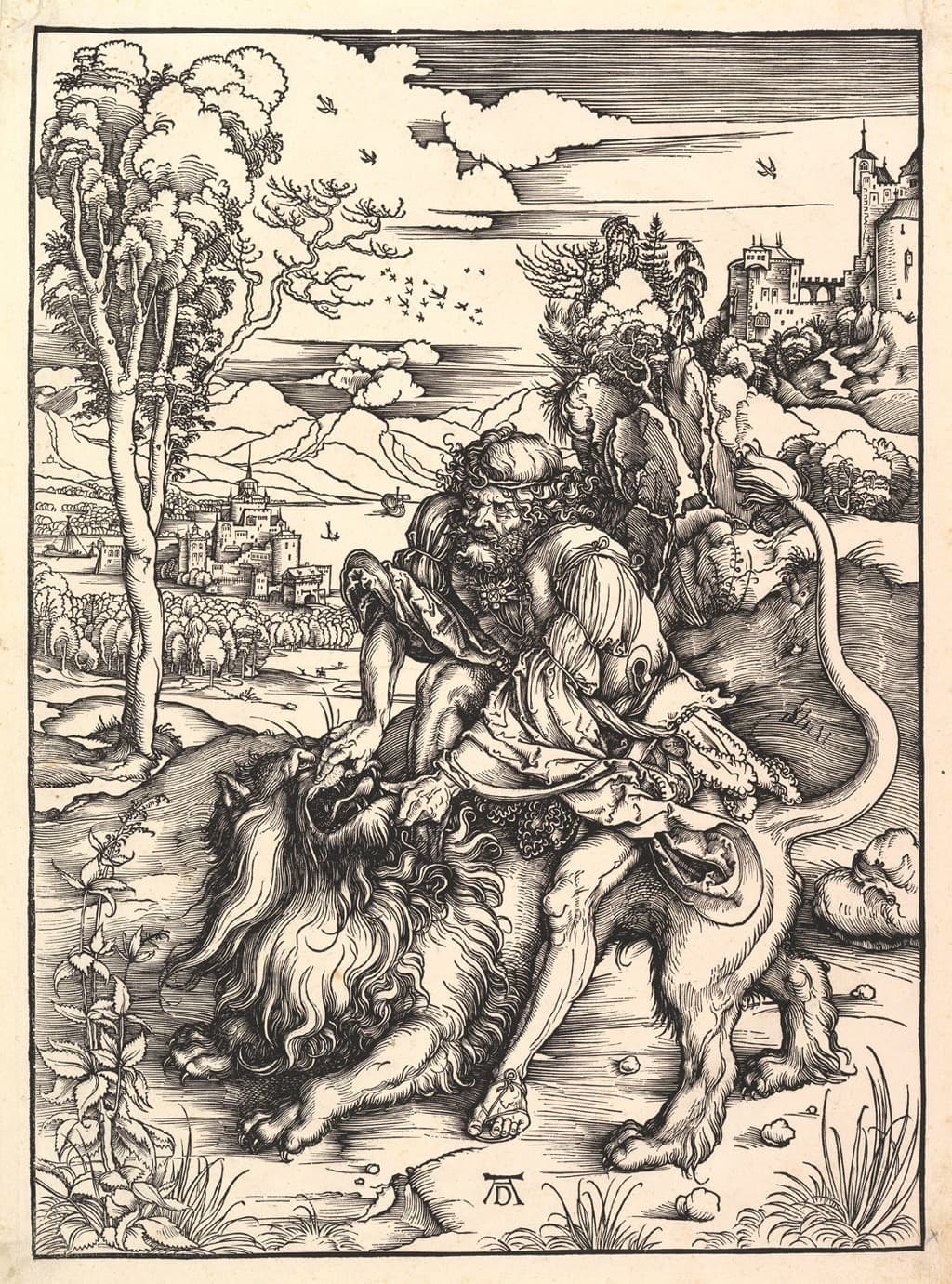 (شمشون) يمزق الأسد، رسمها (ألبرشت دور) 1497–1498
