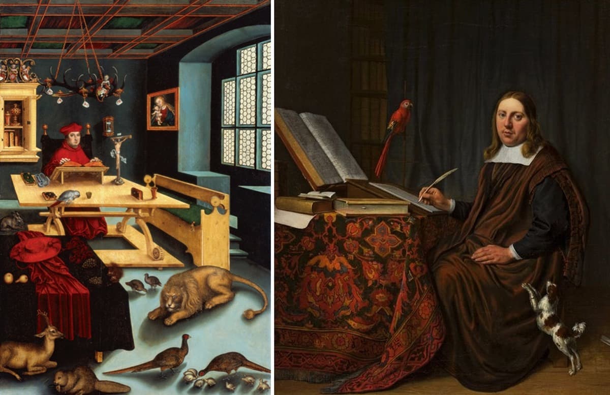على اليمين: لوحة لرجل يكتب على طاولة، للرسام (هندريك مارتنز) سنة 1663. وعلى اليسار: لوحة بعنوان «الكاردينال (ألبرخت من براندنبورغ) في (سانت جيروم)»، للرسام (لوكاس كراناخ الأكبر)