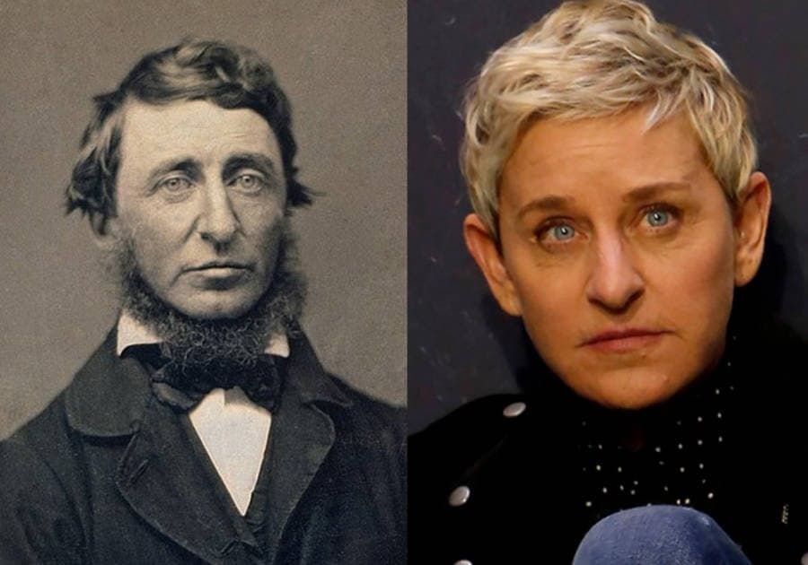 صورة لمقدمة البرامج التلفزيونية والكوميدية والمنتجة والكاتبة والناشطة في جمعيات حقوق المثليين (إلين لي دي جينيريس)، المولودة في 26 يناير 1958. وصورة للكاتب والمؤرخ والفيلسوف والشاعر (هينري ديفيد ثورو)، المولود في 12 يوليو 1817 والمتوفي في 6 مايو 1862.