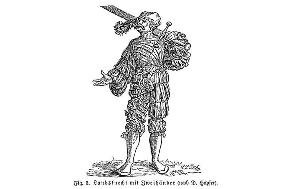 قد يبدو هذا الـLandsknecht مضحك المنظر، غير أنه يحمل سيفا يحمل بقبضتين قليلون من يستطيعون القتال به.