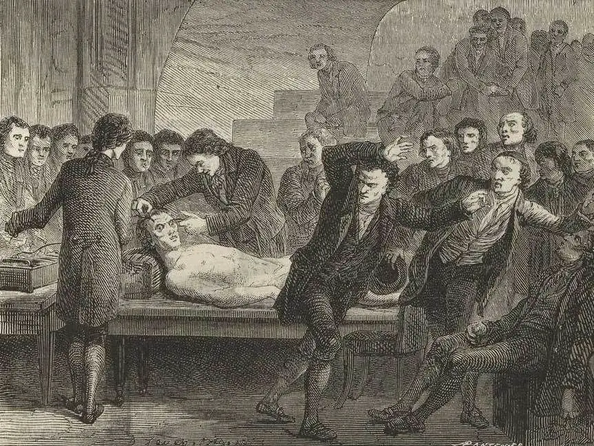 اللوحة توضح مجموعة من العلماء وهم يشاهدون تجربة Ure في تحريك جثة قاتل.