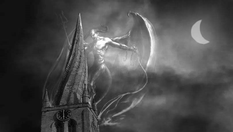 الشيطان وهو يعيث فسادًا من أعلى برج الكنيسة - صورة من تصميم موقع دخلك بتعرف