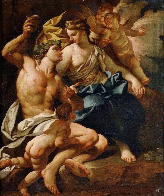 ديونيسوس إله الخمر والمرح مع أفروديت وأبنائهما