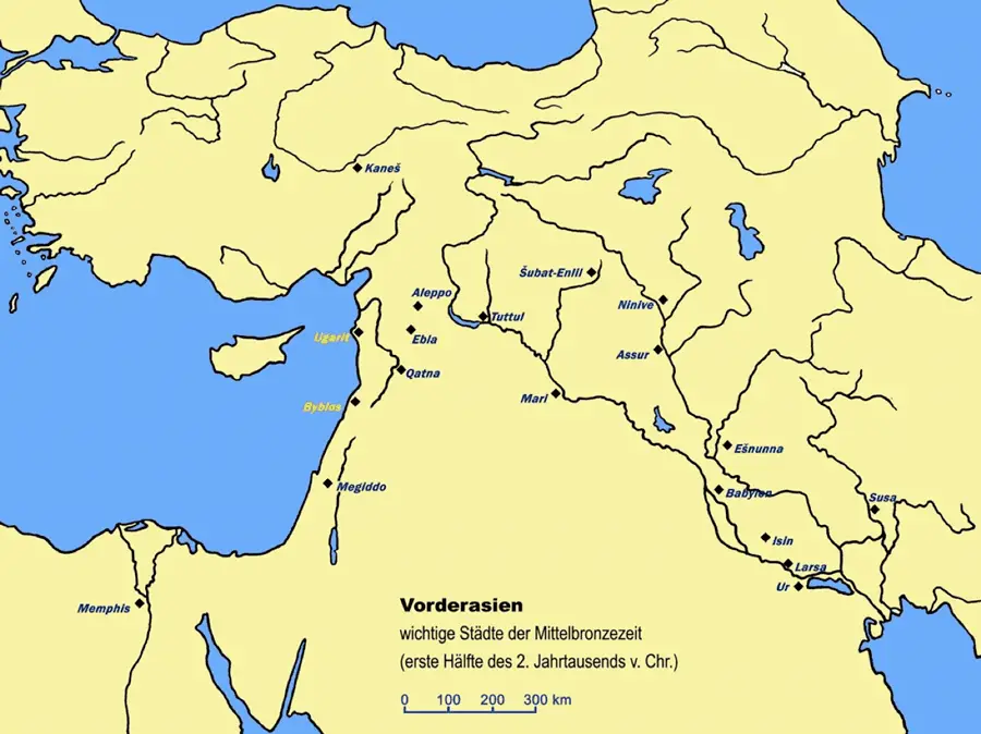 خارطة لأهم المواقع الأثرية خلال النصف الأول من الألف الثاني قبل الميلاد؛ يظهر على الخريطة موقع بابل.