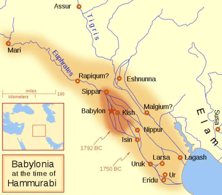 خارطة توضح حجم توسع مملكة حمورابي خلال سنوات حكمه.