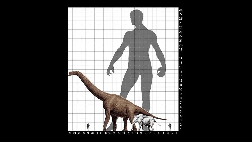 ضخامة آدم مقارنة بالأباتوصور (نوع من أنواع الصوروبودات) والفيل والإنسان الطبيعي (الأبعاد بالمتر)