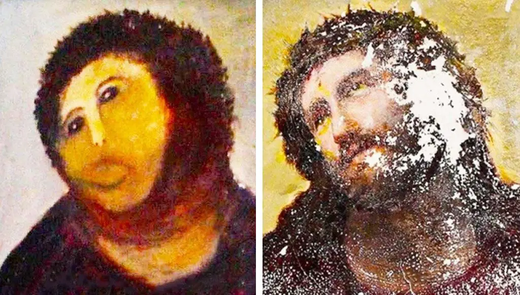 ترميم لوحة جدارية صورة المسيح عليها