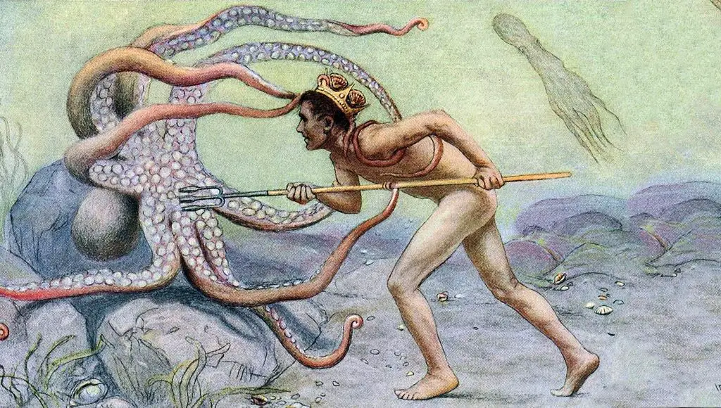 نبتون، وهو يظهر بمظهر شاب عارٍ يضع تاجاً على رأسه ويحارب أخطبوطاً برمحه الثلاثي الرؤوس