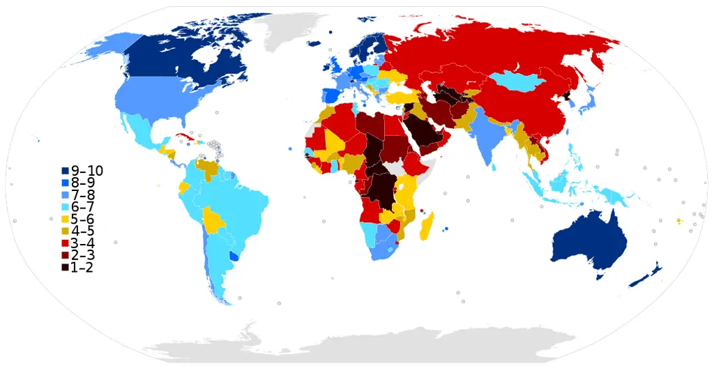 تصنيف الدول ديمقراطيا باستخدام مقياس من 1 (أقل ديمقراطية) إلى 10 (أكثر ديمقراطية)