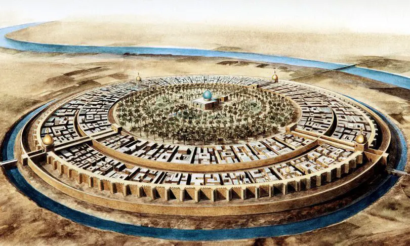 مدينة بغداد المستديرة في القرن العاشر للميلادي، أين كانت الخلافة العباسية في عصرها الذهبي.