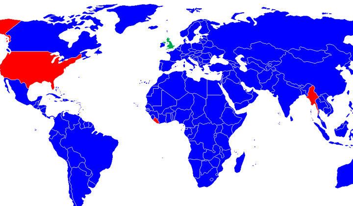 خريطة لتوزع أنظمة الواحدات حول العالم، الواحدات المترية بالزرق والإمبريالية بالأحمر.
