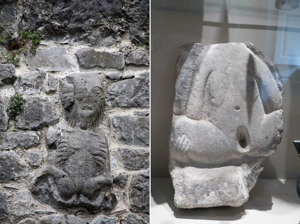 على اليمين: (شيلا نا غيغ) في متحف، وعلى اليسار: (شيلا نا غيغ) في جدار في بلدة (فيثارد)، في مقاطعة (تيبيراري) في إيرلندا