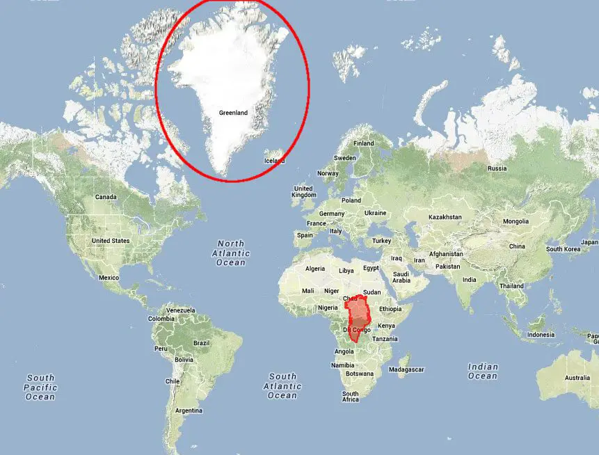 مساحة جزيرة غرينلاند الحقيقية مقارنة بمساحة أفريقيا.