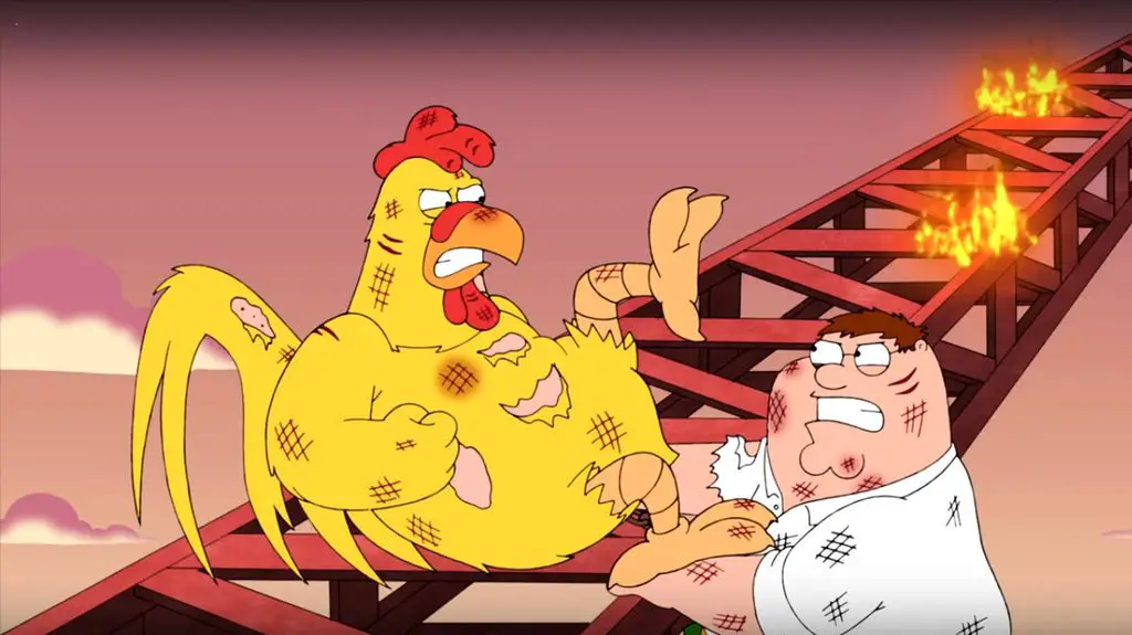 (بيتر) من مسلسل (فاميلي غاي) وهو يقاتل الدجاجة (إيرني)