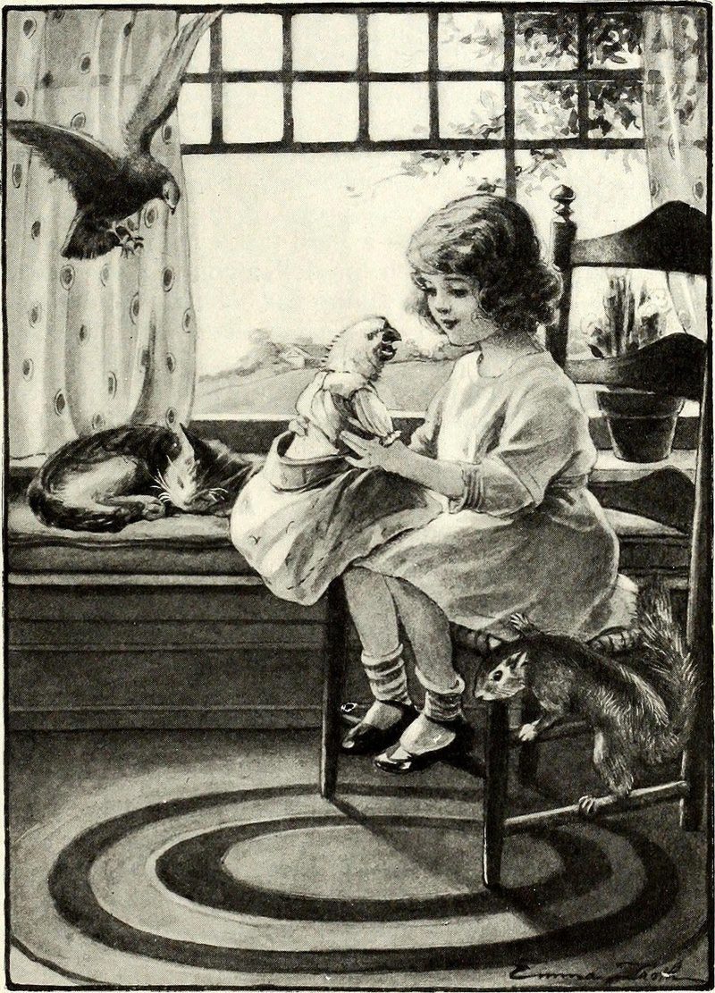 لوحة فنية تبرز فتاة مع سنجاب وببغاء وحمامة وقط