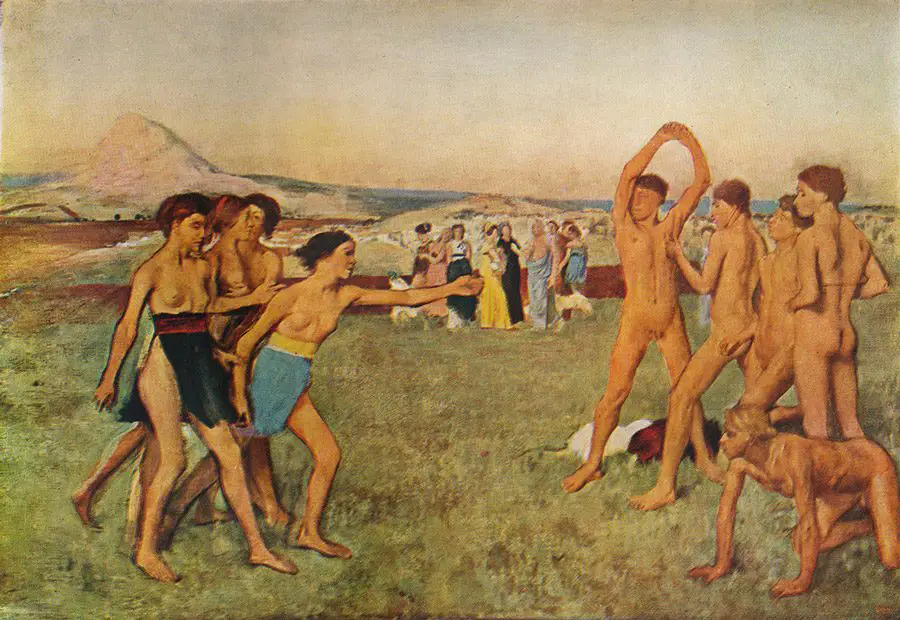 لوحة زيتية تبرز أشخاصا عراة يمارسون الرياضة