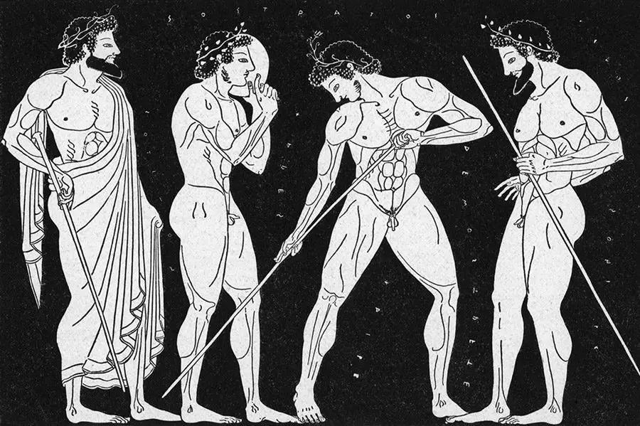 لوحة تبرز رجالا يونانيين قدماء بعضهم عار