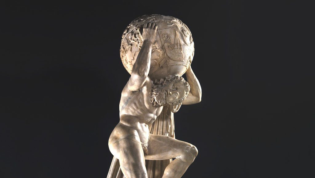 الإله أطلس في الميثولوجيا الإغريقية، يشتهر بحمله قبة السماء على كتفيه
