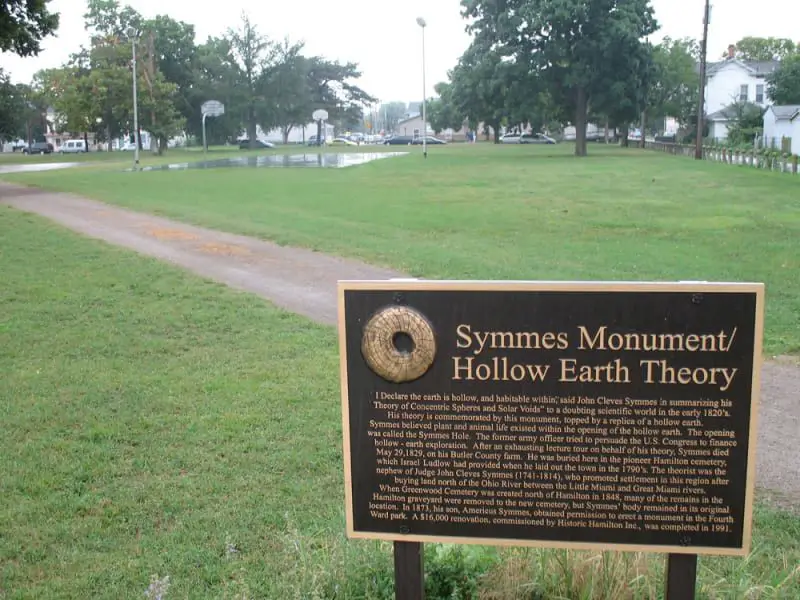 نصب تذكاري تخليدا لذكرى المحاضر (جون سيمز الإبن)، الذي كان من مناصري الأرض الجوفاء، في مدينة (هاميلتون) في (أوهايو) بالولايات المتحدة الأمريكية.