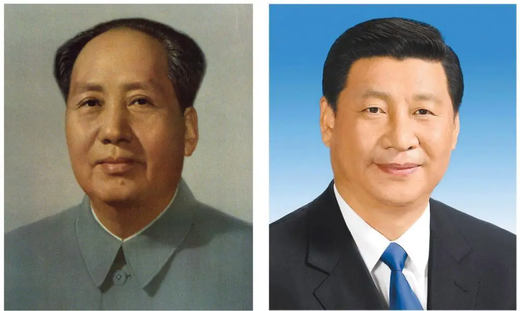 الرئيس الصيني الحالي (تشي جين بينغ) على اليمين، وعلى اليسار الديكتاتور الصيني السابق (ماو تسيتونغ)