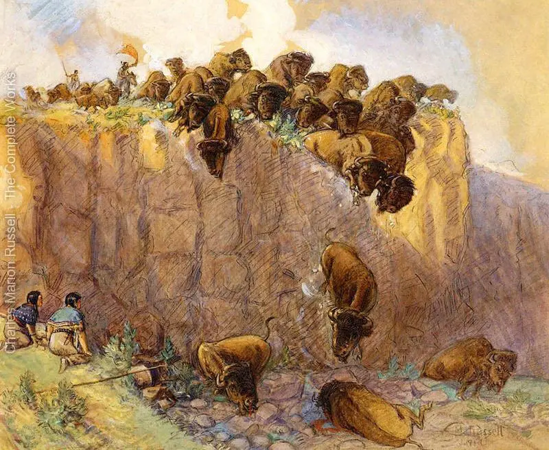 لوحة من إبداع الفنان (تشارلز موريسون روسل) بعنوان "اقتياد البوفالو من على قمة الجرف".