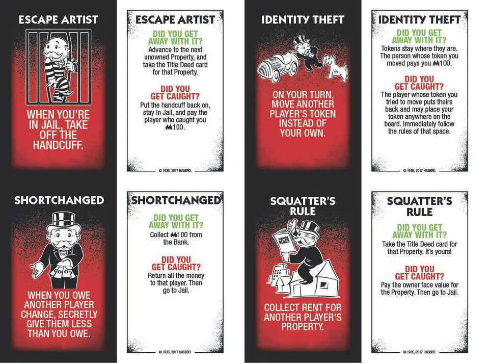 في هذه الصورة بعض البطاقات والمكافئات والعقوبات الظاهرة على ظهر كل بطاقة من بطاقات لعبة مونوبولي للغشاشين.