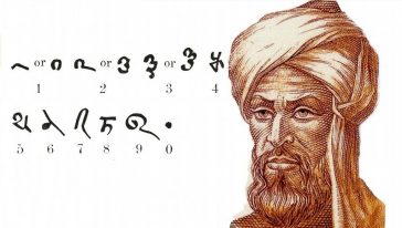 الخوارزمي بجانب الأرقام العربية التي صممها بناء على الأرقام الهندية