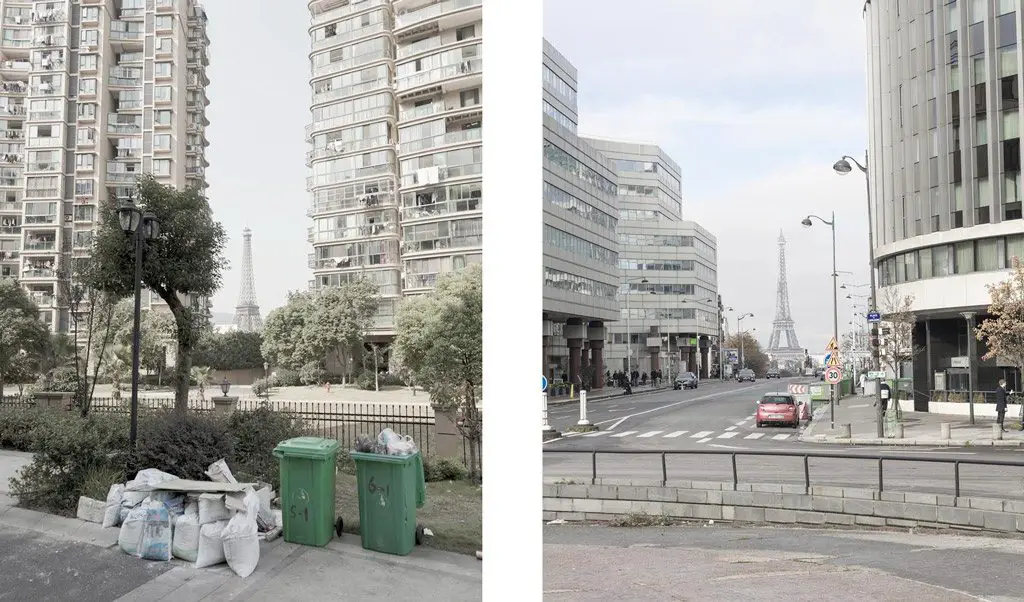 التشابه الكبير بين مدينة (باريس) على اليمين، ومدينة (تياندوشينغ) على اليسار.