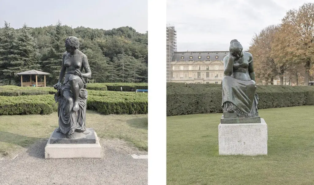 على اليمين تمثال في حديقة في (باريس) وعلى اليسار تمثال آخر في حديقة في (تياندوشينغ).