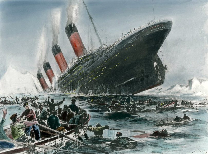 مشهد يبرز حادثة غرق سفينة التايتانيك مثلما تخيله أحد الفنانين.